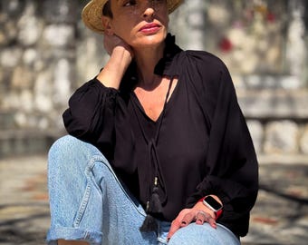 Blouse in Victoriaanse stijl – Geplooide hoge kraag – Ballonmouwen