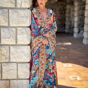 New Long boho silk dress, vintage silk dress, plunging neckline dress, shirring dress, bohemian gypsy dress, flared sleeve dress, image 3