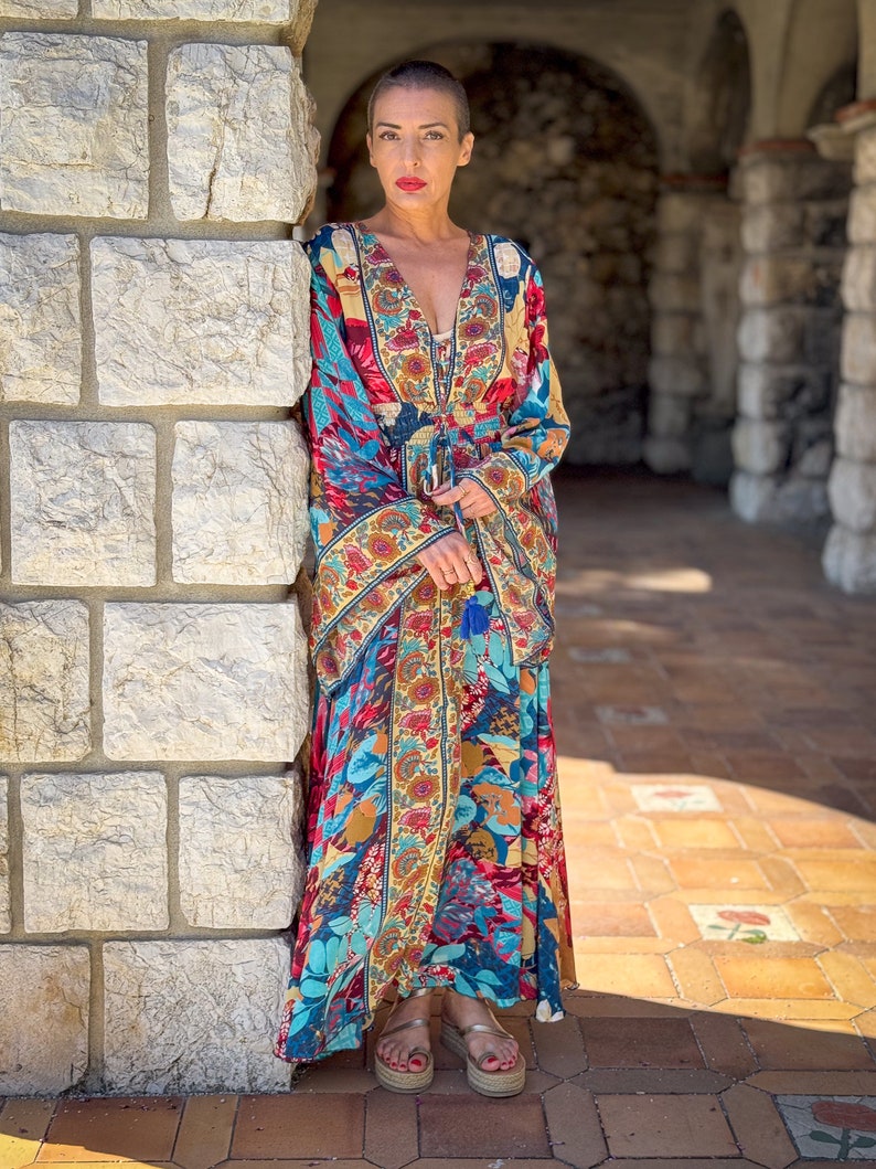 New Long boho silk dress, vintage silk dress, plunging neckline dress, shirring dress, bohemian gypsy dress, flared sleeve dress, image 3