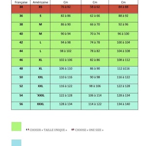 May include: A size chart with French and American sizes, chest, waist, and hip measurements in centimeters. Sizes range from XS to XXXL, with corresponding measurements. The chart also includes notes for choosing one size or one size plus.