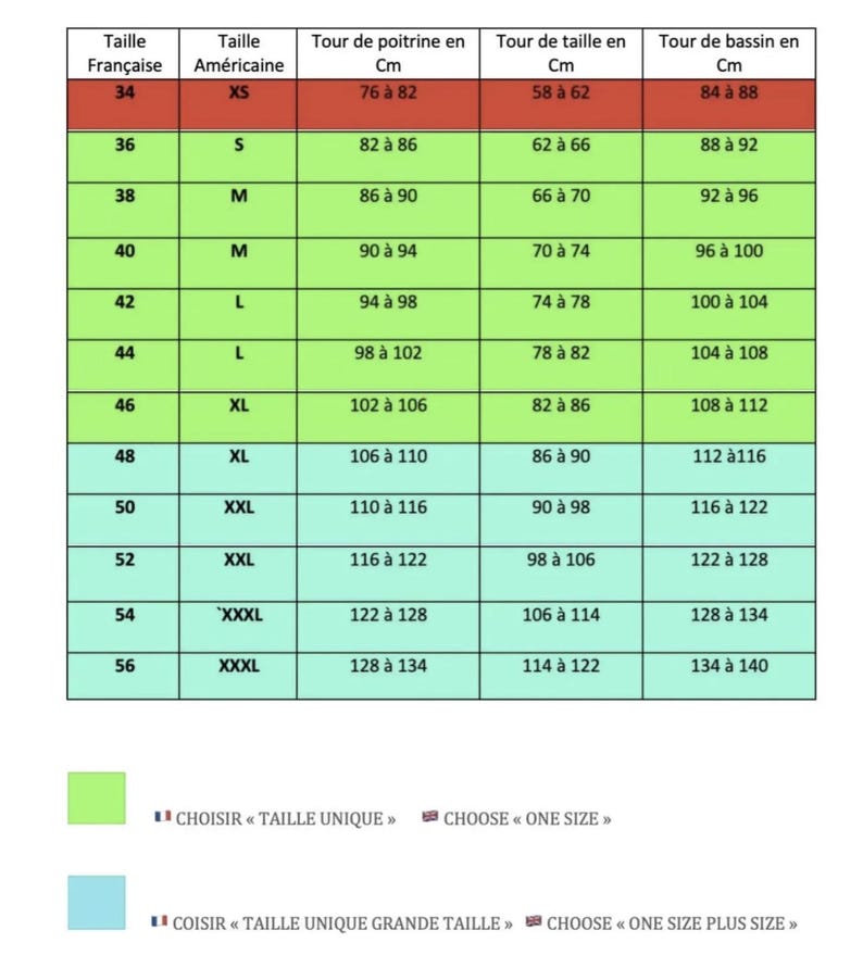 May include: A size chart with French and American sizes, chest, waist, and hip measurements in centimeters. Sizes range from XS to XXXL, with corresponding measurements. The chart also includes notes for choosing one size or one size plus.