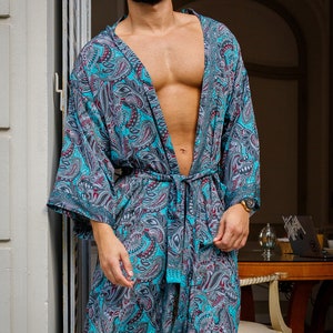 Silk boho men's kimono, kimono for him, silk bathrobe, dressing gown, gift for him image 3