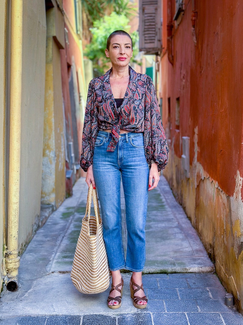 Blouse vintage en soie à manches ballon, col oversize, chemisier maxi décolleté, chemiser à manches longes, cadeau de Noël image 7