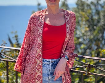 Kimono vintage de seda rosa – corte abierto – elegante estilo bohemio