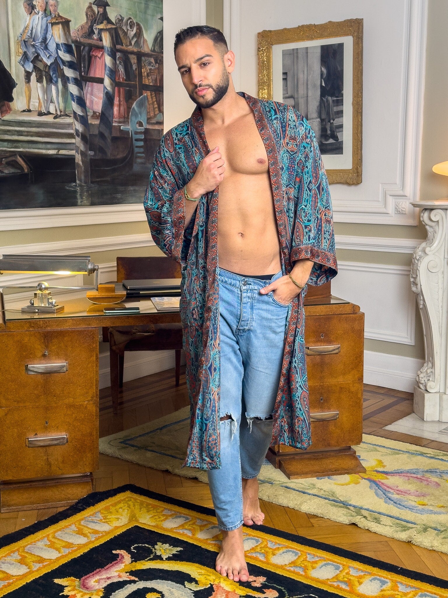 Men's silk kimono - boho vintage robe - men's lightweight dressing gown