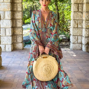 Robe longue boho en soie, robe vintage en soie, robe décolleté, robe smockée, robe gypsy bohème, robe manches évasées, robe d'été image 3