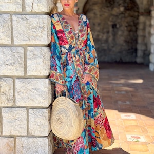 New Long boho silk dress, vintage silk dress, plunging neckline dress, shirring dress, bohemian gypsy dress, flared sleeve dress, image 5