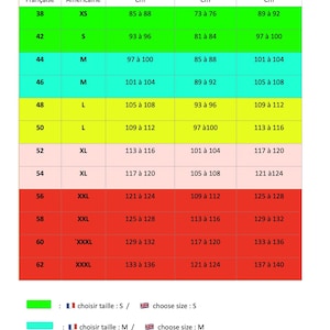 May include: A size chart for clothing in French and American sizes. The chart shows the corresponding sizes for different measurements in centimeters, including bust, waist, and hips.
