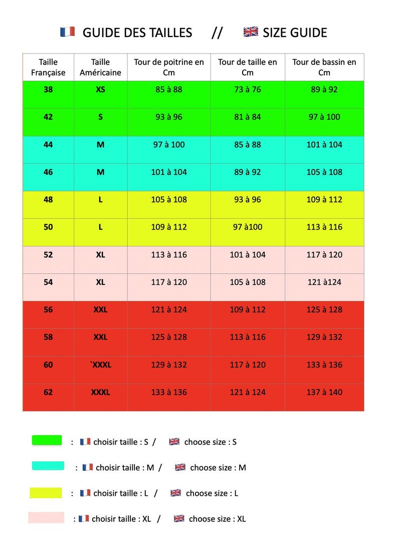 May include: A size chart for clothing in French and American sizes. The chart shows the corresponding sizes for different measurements in centimeters, including bust, waist, and hips.