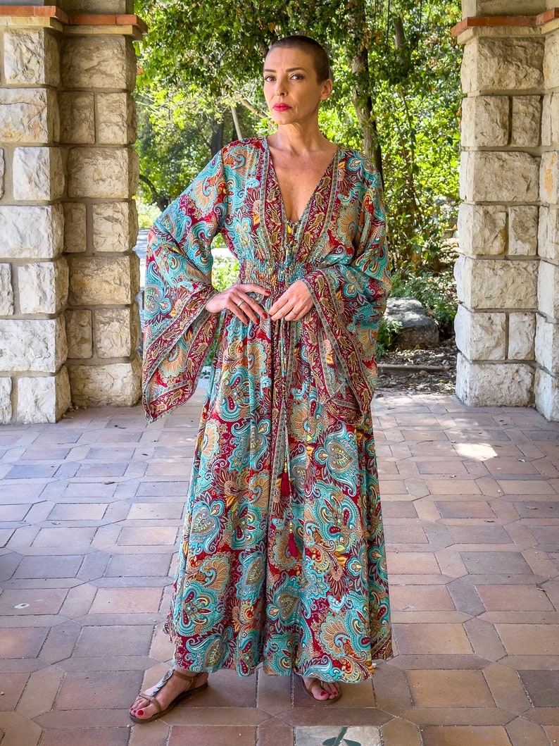 Long boho silk dress, vintage silk dress, plunging neckline dress, shirring dress, bohemian gypsy dress, flared sleeve dress, summer dress zdjęcie 7