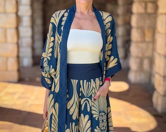 Ensemble palazzo en soie – pantalon large femme – kimono bohème chic