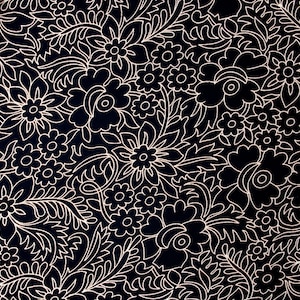 May include: A black fabric with a white floral pattern. The pattern features a variety of flowers and leaves, all outlined in white.