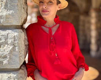 Blouse in Victoriaanse stijl – Geplooide hoge kraag – Ballonmouwen