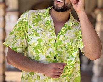 New! Men’s Vintage short sleeves Shirt – Cuban Collar, Coconut Buttons & Retro Charm – Gift for Him