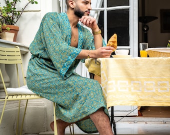 Kimono homme bohème en soie, kimono pour lui, peignoir en soie, robe de chambre, cadeau pour lui