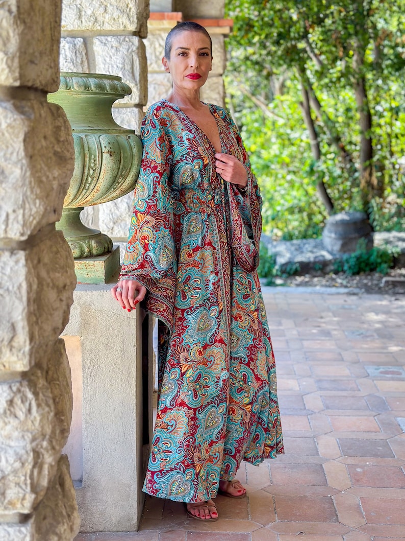 Long boho silk dress, vintage silk dress, plunging neckline dress, shirring dress, bohemian gypsy dress, flared sleeve dress, summer dress zdjęcie 4