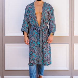 Silk boho men's kimono, kimono for him, silk bathrobe, dressing gown, gift for him image 5