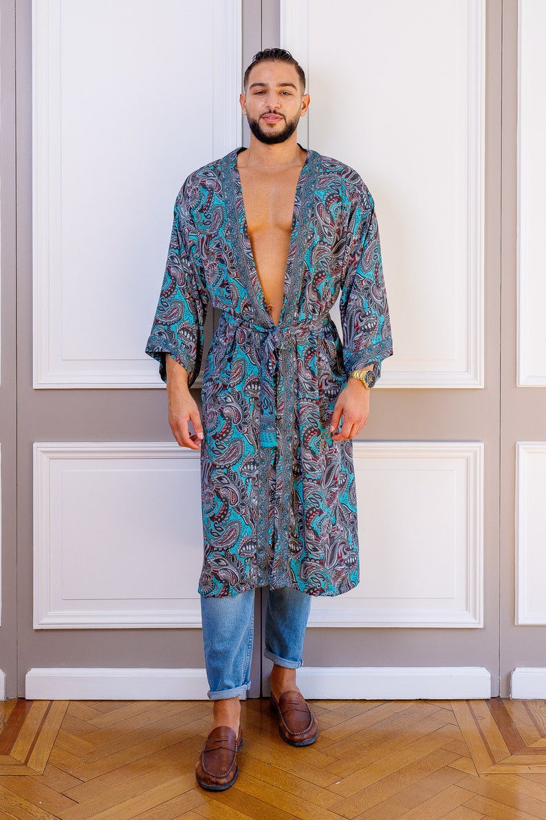 Silk boho men's kimono, kimono for him, silk bathrobe, dressing gown, gift for him image 5