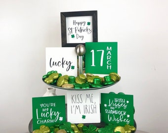 St. Patrick Day Signs, Small Wood Tray Signs, Shamrock Decor, Green and White Saint Patrick's Day Decor, Interchangeable Seasonal Signs