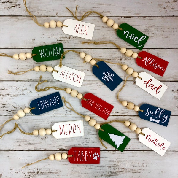 Personalized Stocking Name Tags | Red, Blue, Green Wood Tags | Neutral Wood Beaded Gift Tags | Interchangeable Seasonal Sign