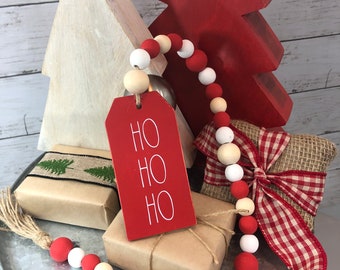 Red Tray Decor Wood Tag Beads Tassel Garland  - Ho Ho Ho Tag Tassel - Rustic Farmhouse Christmas
