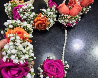 Conjunto de joyería nupcial de mehndi (gajre) con aretes y tikka. Conjunto rosa y naranja perfecto para mehndi.