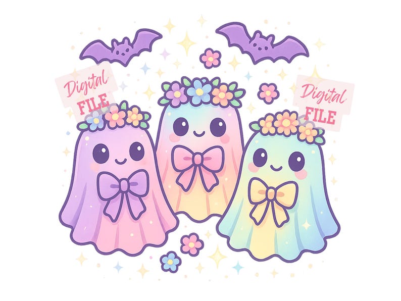 Pastel Ghost PNG Clipart – Kawaii Halloween Ghosts With Flowers and ...
