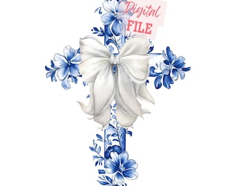 Blaues Toile Kreuz mit weißer Kokette Schleife Taufe SVG Taufe Digitaler Download perfekt für Sublimation Christian Ostern PNG