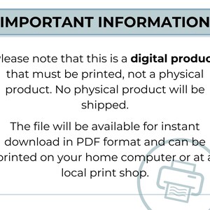 K&ouml;nnte beinhalten: Ein Textbild mit der &Uuml;berschrift "WICHTIGE INFORMATIONEN" und einer Nachricht, die erkl&auml;rt, dass das Produkt ein digitaler Download im PDF-Format ist, der gedruckt werden muss. Das Bild enth&auml;lt auch ein Druckersymbol.