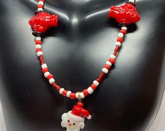 Red & White Santa Jewelry Set-Christmas Jewelry-Beaded Jewelry-Red and White-Handmade-Xmas-Beaded Necklace-Beaded Bracelets-Beaded Earrings