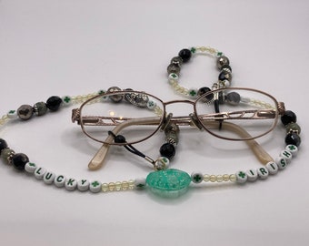 Lucky Irish Eyeglass Chain-Beaded Eyeglass Chains-St. Patrick's Day Accessories-Eyeglass Chains-Luck Chains-Green & White Chains