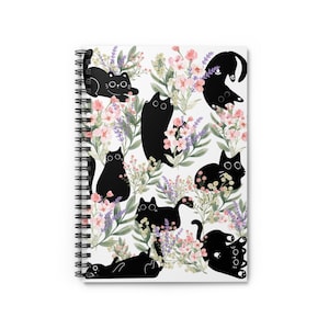 Cat and Floral Spiral Notebook - Ruled Line, Cute Kitten Journal, Flower Pattern Notepad, Kitty Theme Diary, Animal Lover Stationery