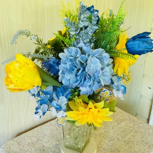Floral Cemetery arrangement, artificial cemetery piece with Hydrangeas, tulips and Dahlias. Summer cemetery  arrangement  for you