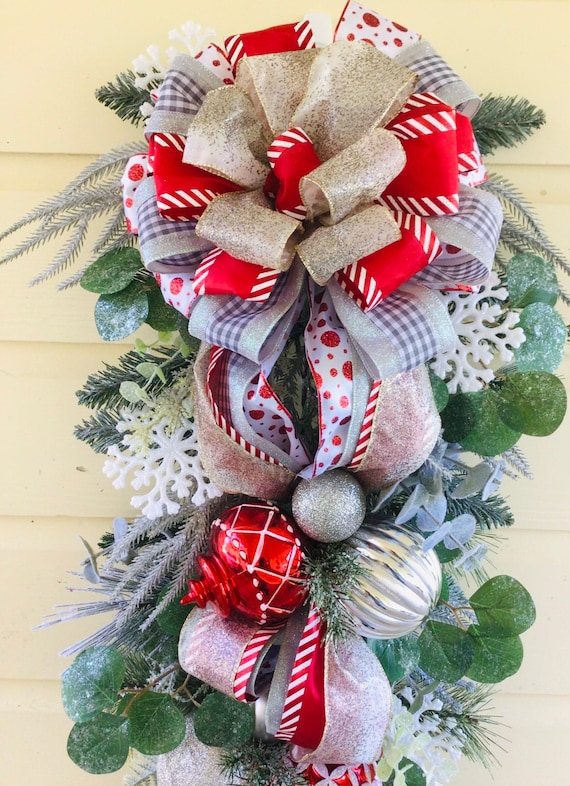Christmas Ornament Swag: Holiday Door Decor with Wired Ribbon Bow