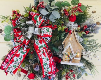Country church wreath, Designer country wreath,  Designer Cardinal  hanger, Holiday  winter church wreath, Winter Cardinal wreath!!