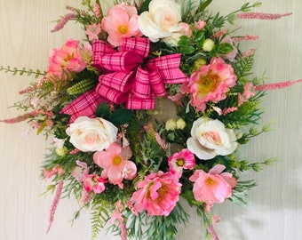 Rose and peony door wreath, everyday wreath, all occasion door hanger, summer wreath, front door wreath, Mother's Day wreath