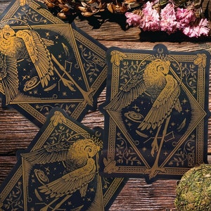 May include: Three gold and black tarot cards with an owl design on a wooden surface. The cards are surrounded by dried flowers, herbs, and bottles.