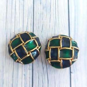 D&#39;Orlan stylish earrings. 1980s vintage high end Couture clip-on earrings. Very retro and in beautiful condition 22ct gold plating on enamel