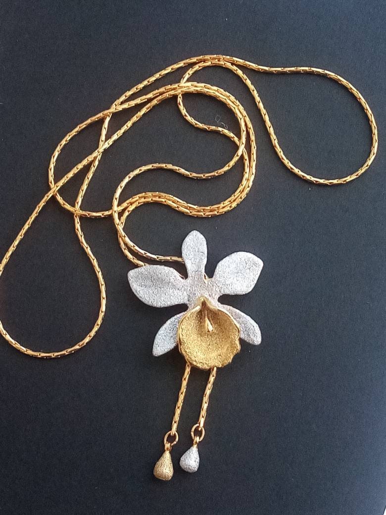 Gold Orchid Flower Statement Necklace 14K Gold Filled Chain/Birthday Gift Idea for Women 
