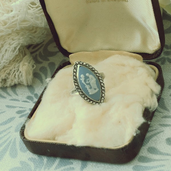 Wedgwood  silver vintage  Cameo ring. Blue Jasperware  with Marcasite detailing. Unique and very elegant ring. Original Box