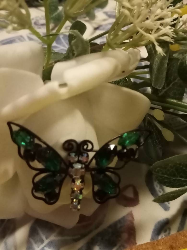 Broche Vintage Papillon Or Et Cristal Boréalis - Ancienne - Occasion