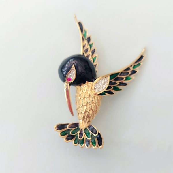 D'orlan vintage  Bird of Paradise brooch. Marcel Boucher design with tripple  22ct gold plate.  Enameled cold painted with Swarovski crystal