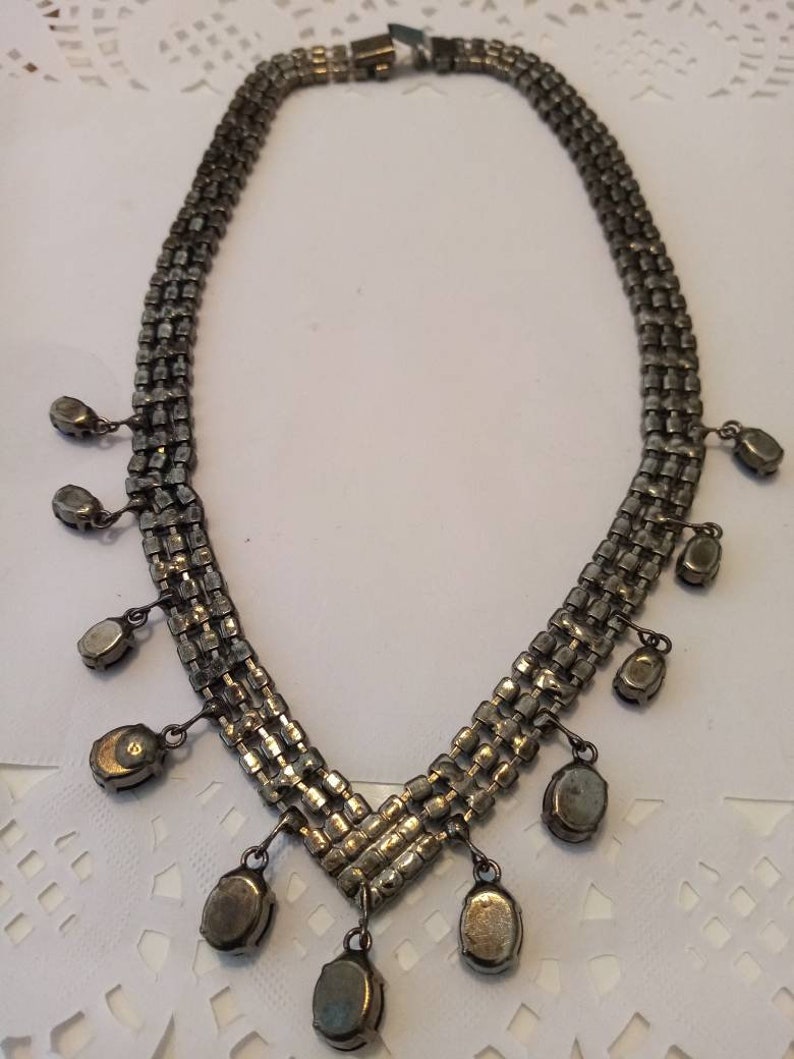 Vintage black rhinstone NECKLACE with MATCHING chandelier EARINGS .