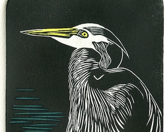 Great Blue Heron, Lost Lagoon, Stanley Park, Vancouver BC, limited edition hand tinted linocut relief print