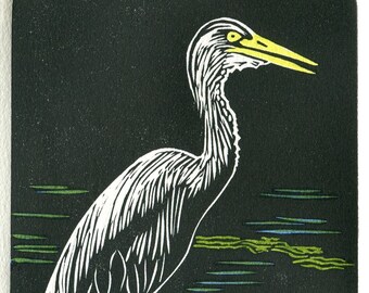 Young Heron, Lost Lagoon limited edition tinted linocut print