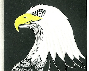 Bald Eagle, Masset, British Columbia is a limited edition linocut relief print, hand printed on an antique press, made with archival inks.