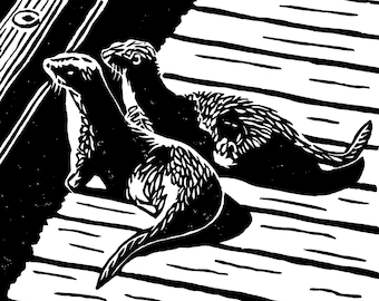 vinylcut relief print Otters on Savary Dock limited edition relief print of river otters