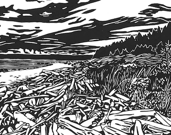 South Shore limited edition linocut relief print of Savary Island, British Columbia, hand printed on an antique press.