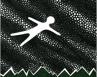 pen and ink drawing original on paper The Adventures of Noman - "Free Fall"