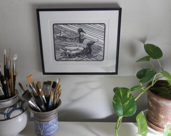 linocut relief print limited edition MALLARDS